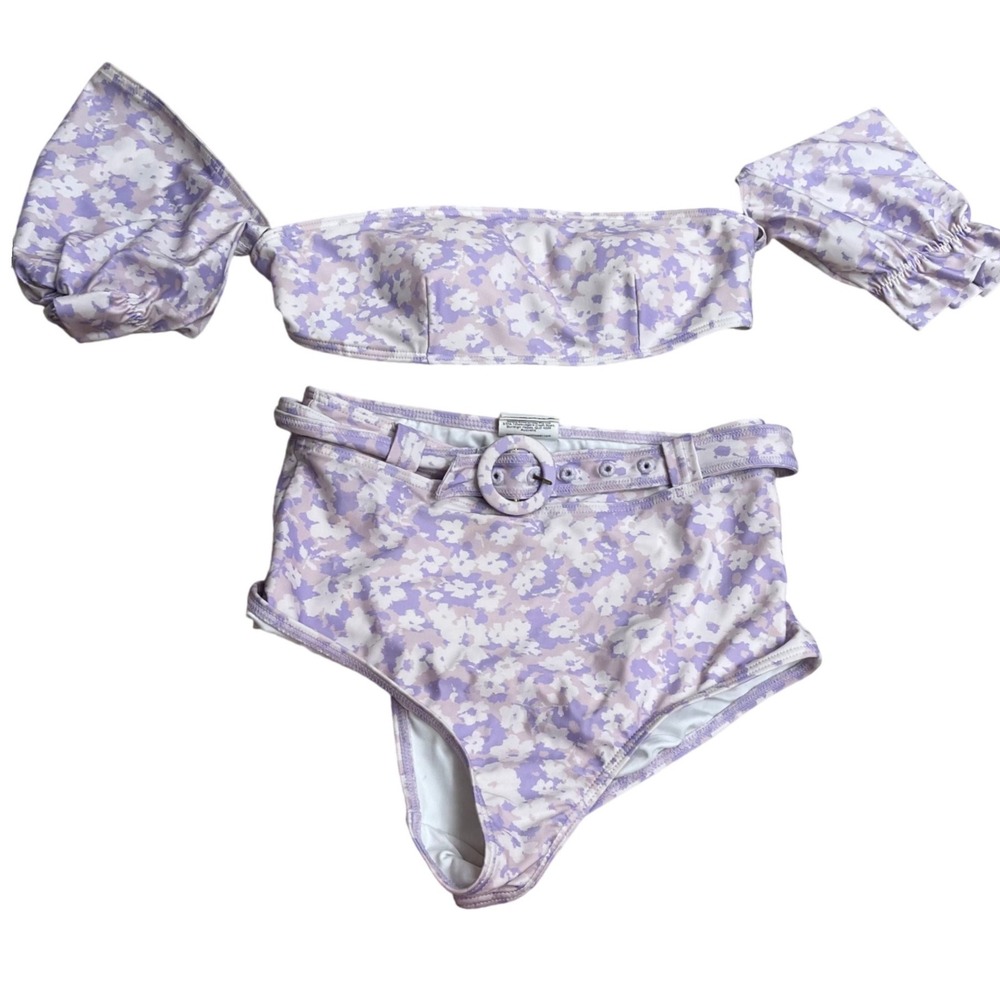Peony Swimwear convertible Floral Bikini Set Puff Sleeve High Waist Belt 10